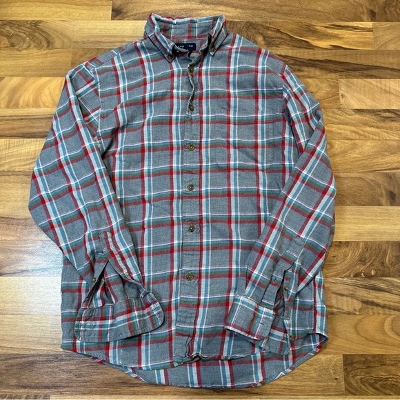 Lands End Mens Small 14-14.5 ‎ Flannel Gray/Red Plaid Shirt Men’s - Picture 1 of 4